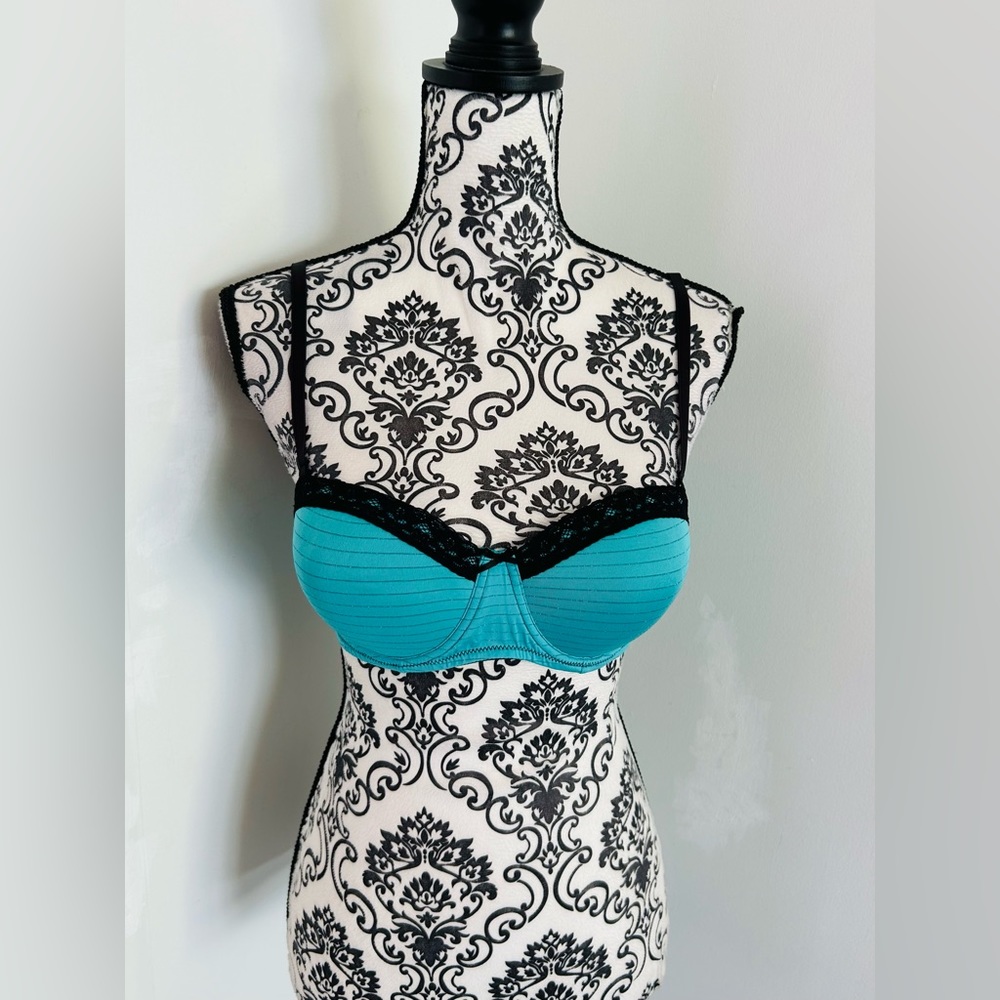 Lounge by Maurices Teal Black Striped Lace Trim Padded Underwire Bra Size 36C